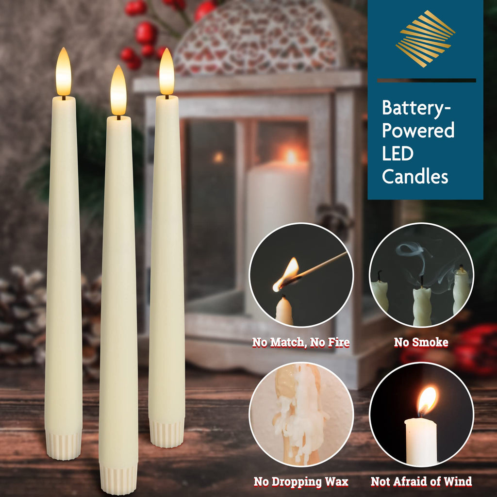 SEHNSY Real Wax Flameless Taper Candles with 2 Remote Timers,Battery Operated LED Candles Set with 3D Flickering Flame,9.6" Ivory Realistic Dripless Candlesticks for Wedding Home Decor,6 Pack