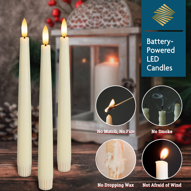 SEHNSY Real Wax Flameless Taper Candles with 2 Remote Timers,Battery Operated LED Candles Set with 3D Flickering Flame,9.6" Ivory Realistic Dripless Candlesticks for Wedding Home Decor,6 Pack