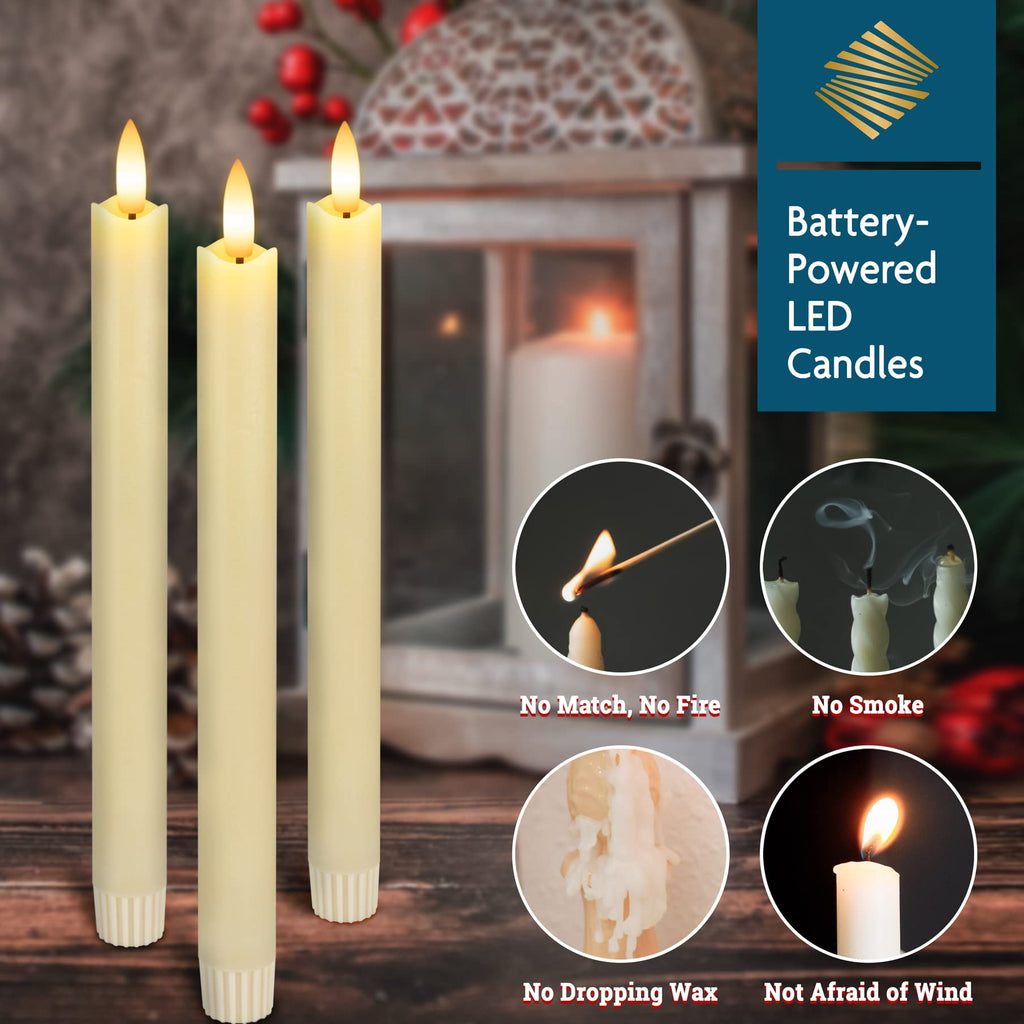 SEHNSY Real Wax Flameless Taper Candles with Remote Timer,Battery Operated LED Candles Set with 3D Flickering Flame,9.6" Ivory Realistic Dripless Candlesticks for Wedding Home Decor,6 Pack