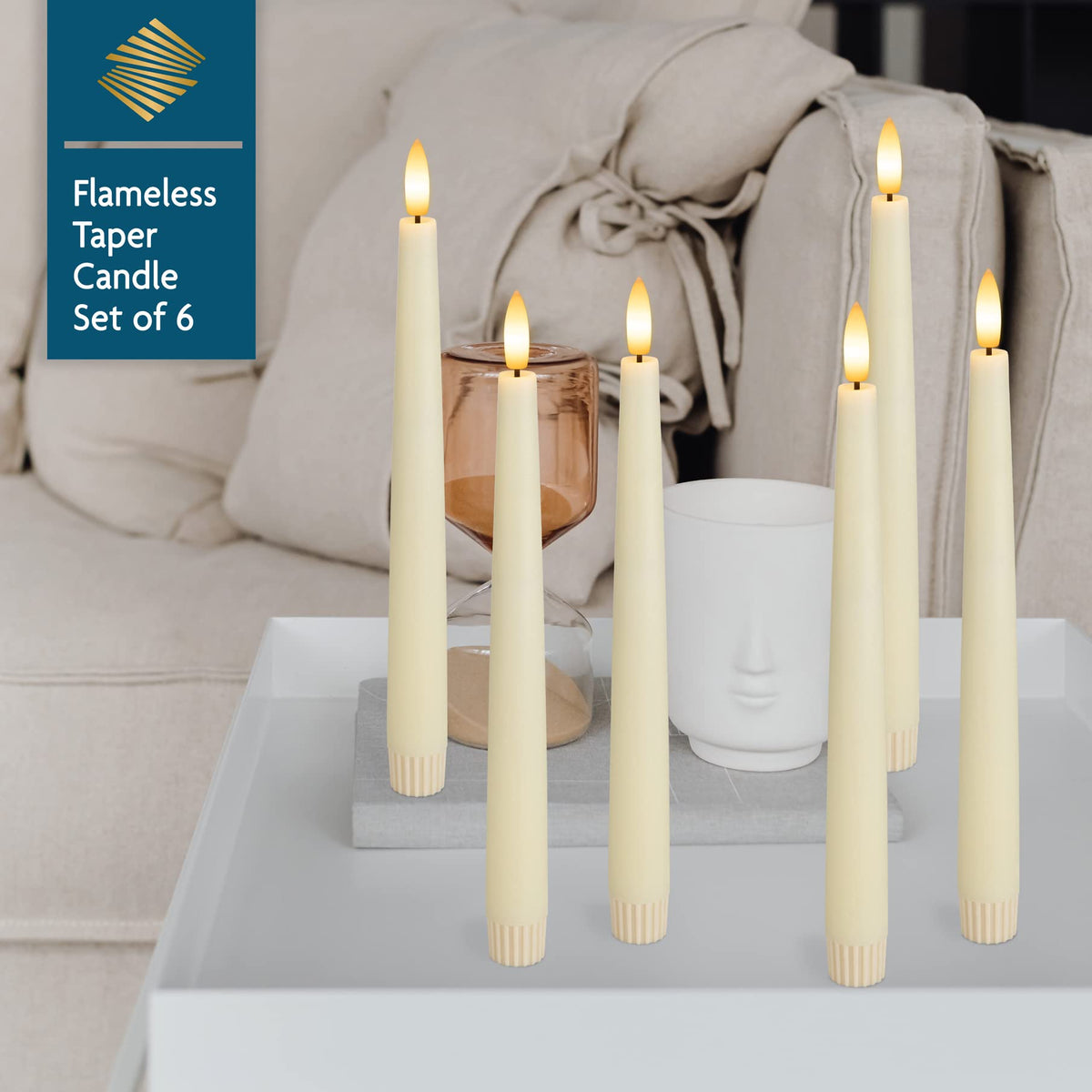 SEHNSY Real Wax Flameless Taper Candles with 2 Remote Timers,Battery Operated LED Candles Set with 3D Flickering Flame,9.6" Ivory Realistic Dripless Candlesticks for Wedding Home Decor,6 Pack