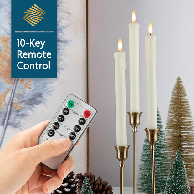 SEHNSY Real Wax Flameless Taper Candles with 2 Remote Timer,Dropping Wax Battery Operated LED Candles Set with 3D Flickering Flame,9.6" Ivory Realistic Candlesticks for Wedding Home Decor,6 Pack