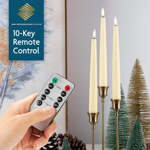 SEHNSY Real Wax Flameless Taper Candles with 2 Remote Timers,Battery Operated LED Candles Set with 3D Flickering Flame,9.6" Ivory Realistic Dripless Candlesticks for Wedding Home Decor,6 Pack