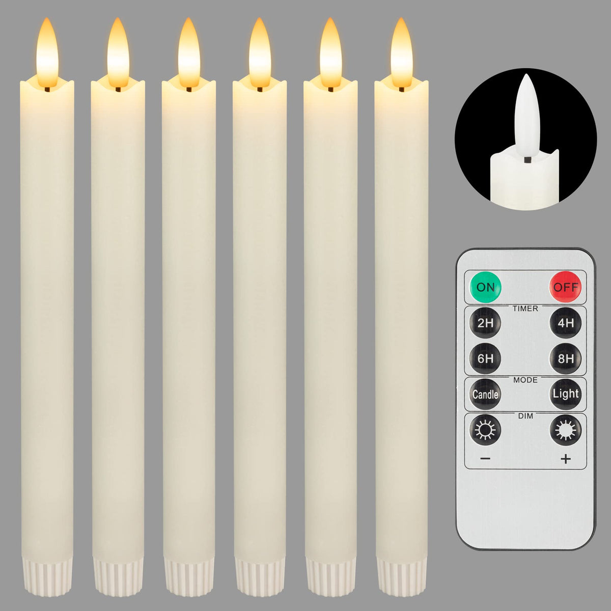SEHNSY Real Wax Flameless Taper Candles with Remote Timer,Battery Operated LED Candles Set with 3D Flickering Flame,9.6" Ivory Realistic Dripless Candlesticks for Wedding Home Decor,6 Pack