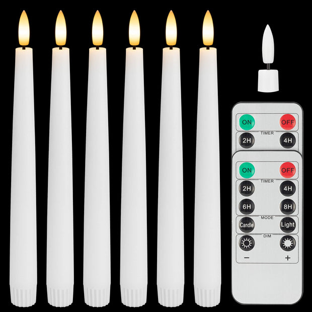 SEHNSY Real Wax Flameless Taper Candles with 2 Remote Timers,Battery Operated LED Candles Set with 3D Flickering Flame,9.6" Ivory Realistic Dripless Candlesticks for Wedding Home Decor,6 Pack