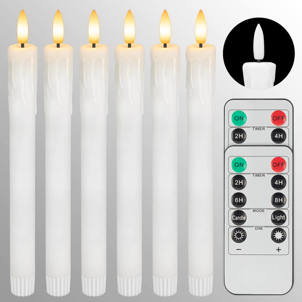 SEHNSY Real Wax Flameless Taper Candles with 2 Remote Timer,Dropping Wax Battery Operated LED Candles Set with 3D Flickering Flame,9.6" Ivory Realistic Candlesticks for Wedding Home Decor,6 Pack