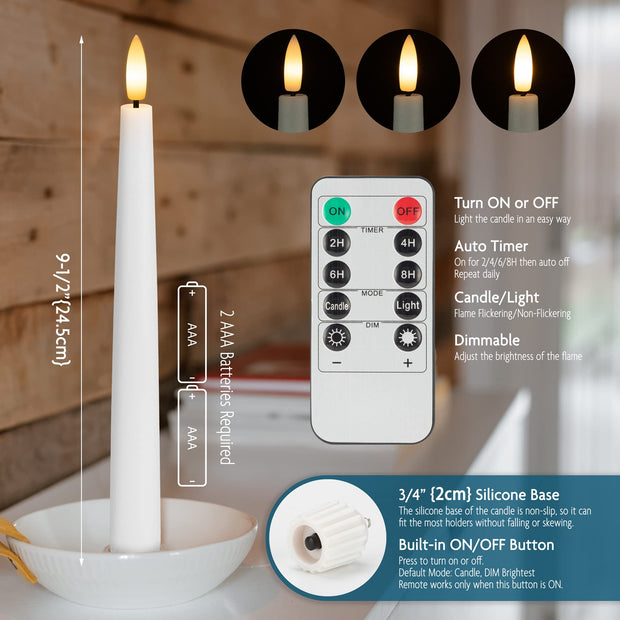 SEHNSY Real Wax Flameless Taper Candles with 2 Remote Timers,Battery Operated LED Candles Set with 3D Flickering Flame,9.6" Ivory Realistic Dripless Candlesticks for Wedding Home Decor,6 Pack