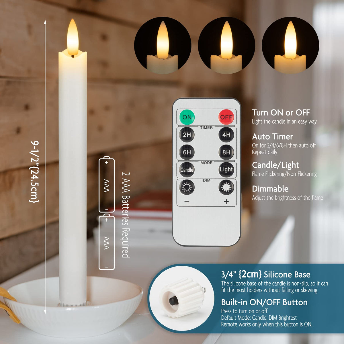 SEHNSY Real Wax Flameless Taper Candles with Remote Timer,Battery Operated LED Candles Set with 3D Flickering Flame,9.6" Ivory Realistic Dripless Candlesticks for Wedding Home Decor,6 Pack