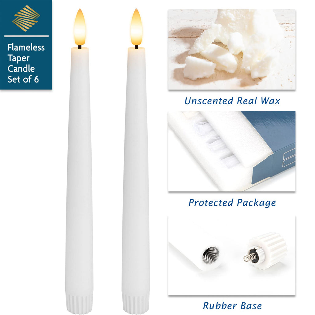 SEHNSY Real Wax Flameless Taper Candles with 2 Remote Timers,Battery Operated LED Candles Set with 3D Flickering Flame,9.6" Ivory Realistic Dripless Candlesticks for Wedding Home Decor,6 Pack