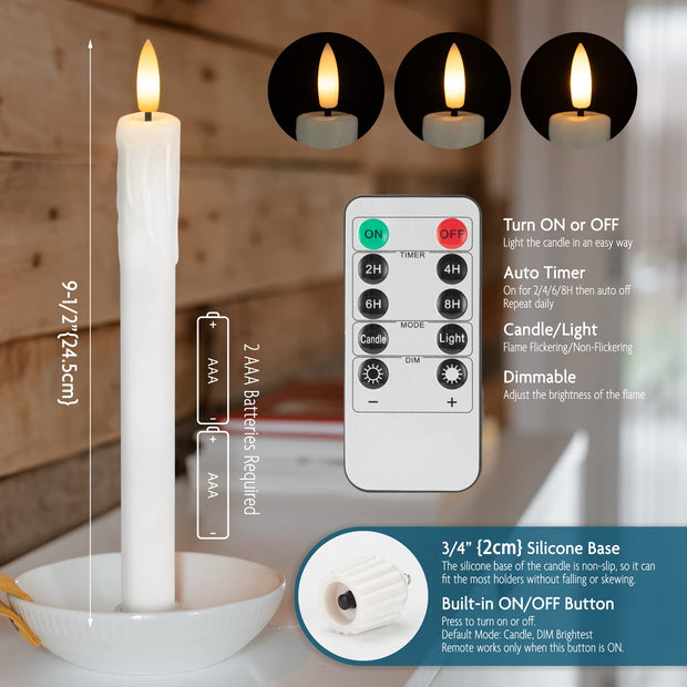 SEHNSY Real Wax Flameless Taper Candles with 2 Remote Timer,Dropping Wax Battery Operated LED Candles Set with 3D Flickering Flame,9.6" Ivory Realistic Candlesticks for Wedding Home Decor,6 Pack