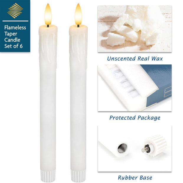 SEHNSY Real Wax Flameless Taper Candles with 2 Remote Timer,Dropping Wax Battery Operated LED Candles Set with 3D Flickering Flame,9.6" Ivory Realistic Candlesticks for Wedding Home Decor,6 Pack