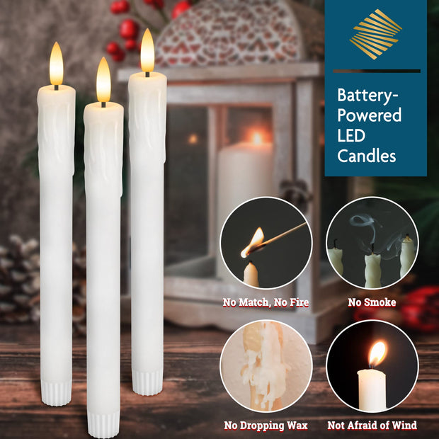 SEHNSY Real Wax Flameless Taper Candles with 2 Remote Timer,Dropping Wax Battery Operated LED Candles Set with 3D Flickering Flame,9.6" Ivory Realistic Candlesticks for Wedding Home Decor,6 Pack
