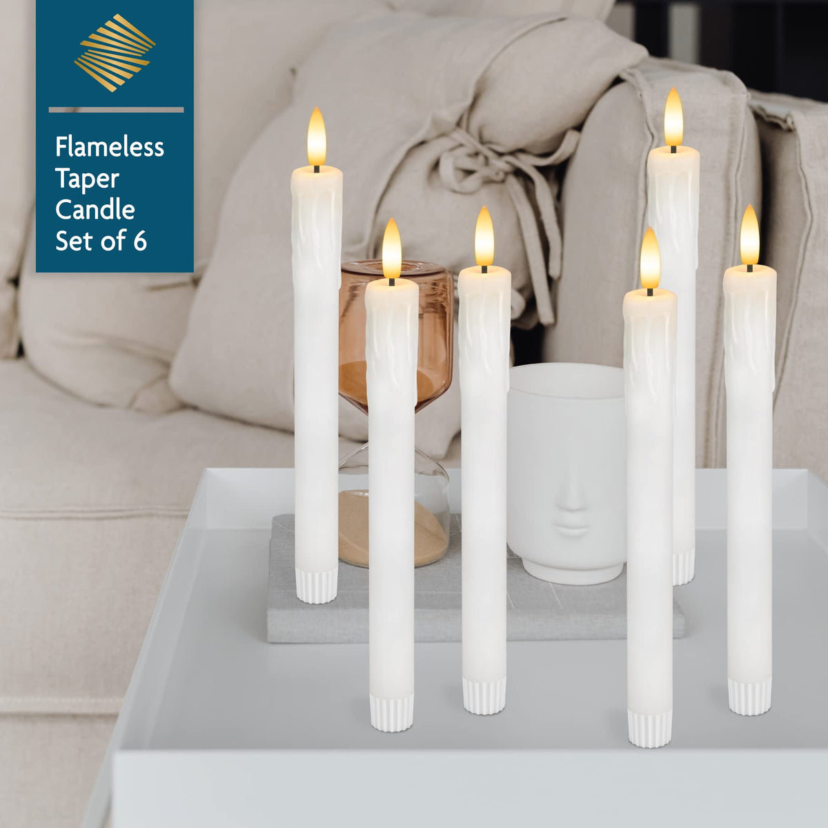 SEHNSY Real Wax Flameless Taper Candles with 2 Remote Timer,Dropping Wax Battery Operated LED Candles Set with 3D Flickering Flame,9.6" Ivory Realistic Candlesticks for Wedding Home Decor,6 Pack