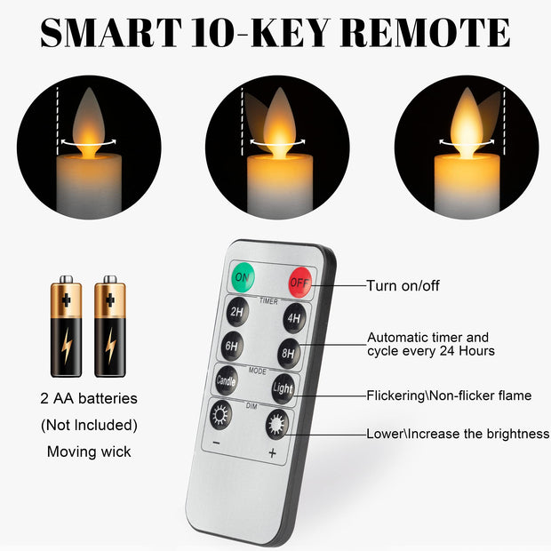 AFINETH Flameless Taper Candles with Moving Wick, 9.6" Real Wax LED Candles with Remote and Timer, 2 Pack Flickering Candlesticks Battery Operated Electric Candles for Home, Wedding, Party, Decor, Ivory